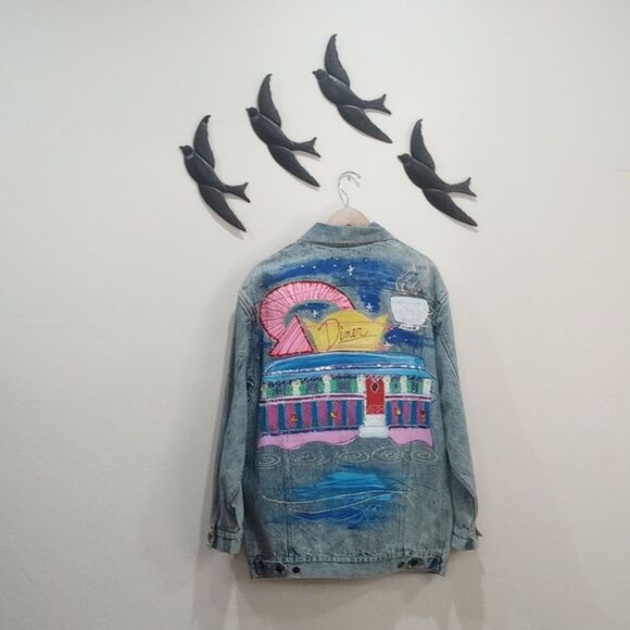 Vintage 80's Sportdeco Diner Acid Wash Hand Painted Embellished Denim Jacket - M - Picture 2 of 13